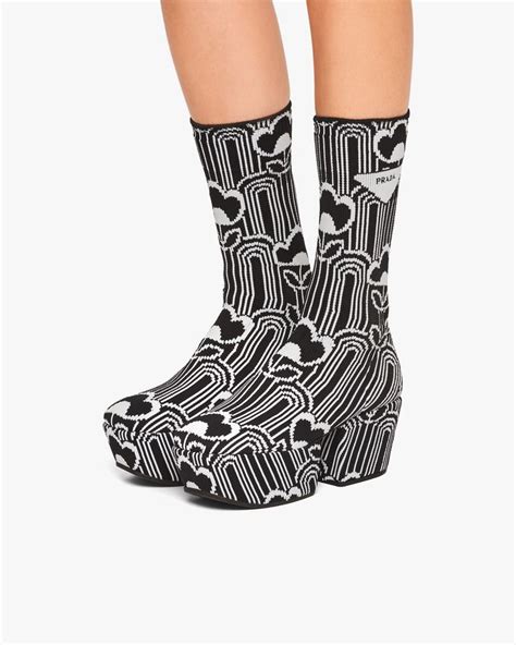 Black/white Jacquard knit platform boots 